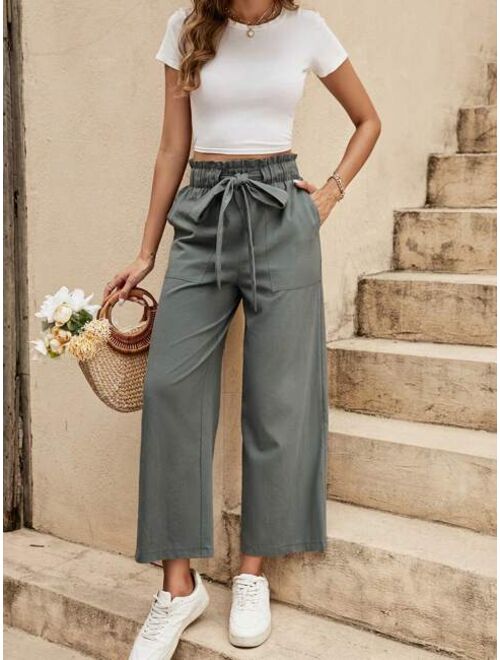 SHEIN LUNE Paperbag Waist Belted Wide Leg Pants