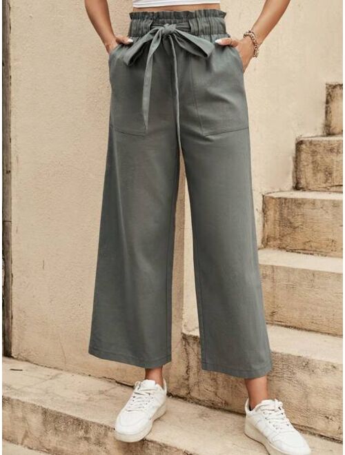 SHEIN LUNE Paperbag Waist Belted Wide Leg Pants