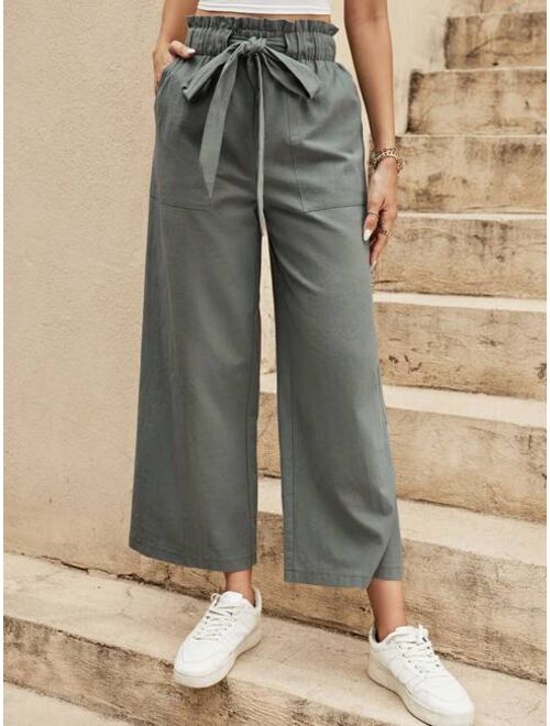 SHEIN LUNE Paperbag Waist Belted Wide Leg Pants