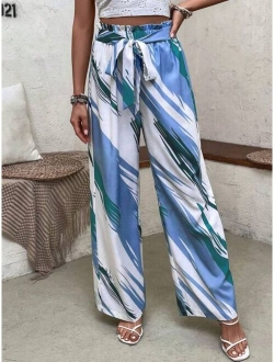 VCAY Allover Print Paperbag Waist Belted Wide Leg Pants