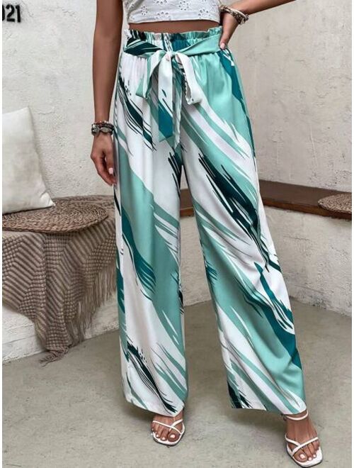 SHEIN VCAY Allover Print Paperbag Waist Belted Wide Leg Pants