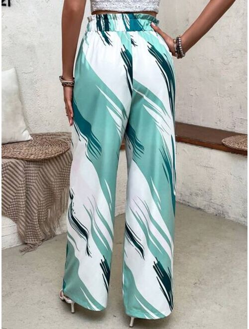 SHEIN VCAY Allover Print Paperbag Waist Belted Wide Leg Pants