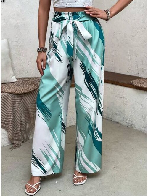 SHEIN VCAY Allover Print Paperbag Waist Belted Wide Leg Pants