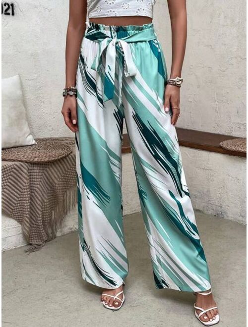 SHEIN VCAY Allover Print Paperbag Waist Belted Wide Leg Pants