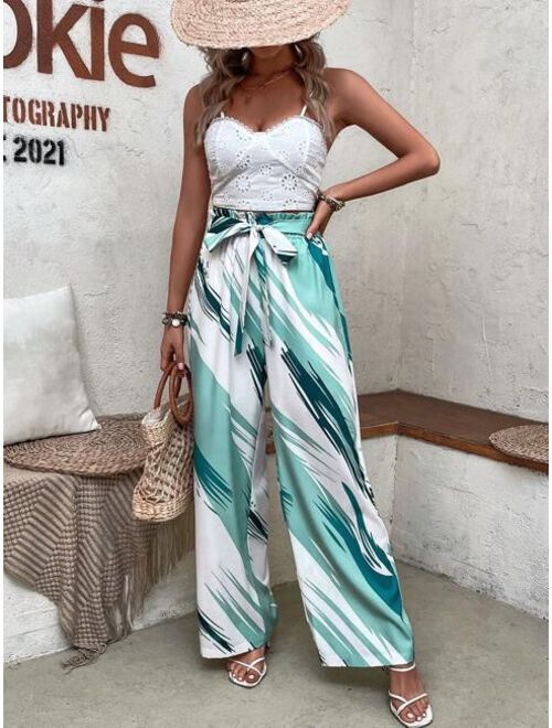 SHEIN VCAY Allover Print Paperbag Waist Belted Wide Leg Pants