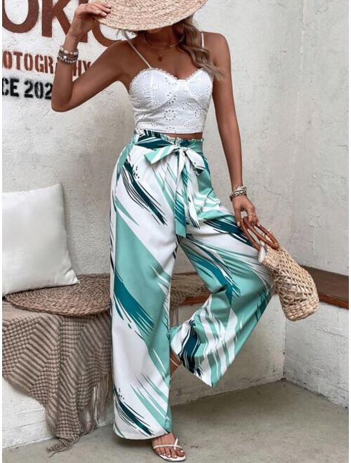 SHEIN VCAY Allover Print Paperbag Waist Belted Wide Leg Pants