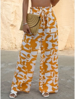 VCAY Allover Geo Print Paperbag Waist Belted Wide Leg Pants