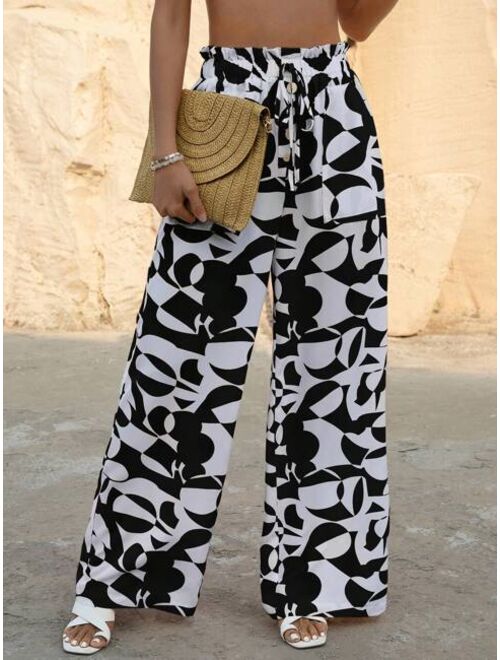 SHEIN VCAY Allover Geo Print Paperbag Waist Belted Wide Leg Pants