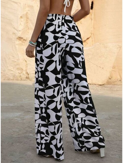 SHEIN VCAY Allover Geo Print Paperbag Waist Belted Wide Leg Pants