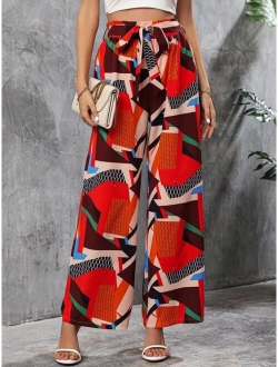 LUNE Allover Print Paperbag Waist Belted Wide Leg Pants