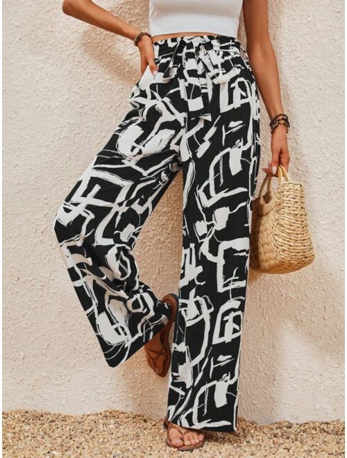 SHEIN LUNE Allover Print Paperbag Waist Belted Wide Leg Pants