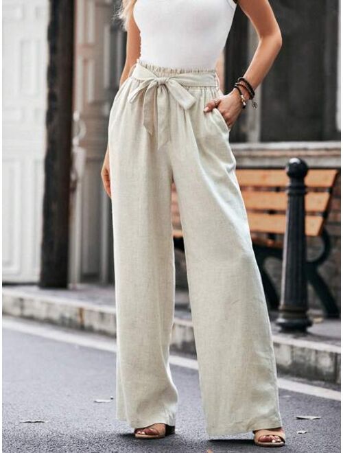 SHEIN LUNE Paperbag Waist Belted Wide Leg Pants