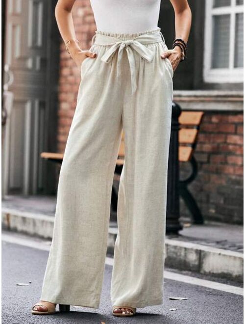 SHEIN LUNE Paperbag Waist Belted Wide Leg Pants