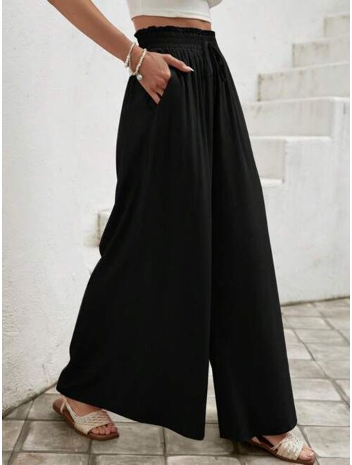 SHEIN LUNE Paperbag Waist Knot Front Wide Leg Pants