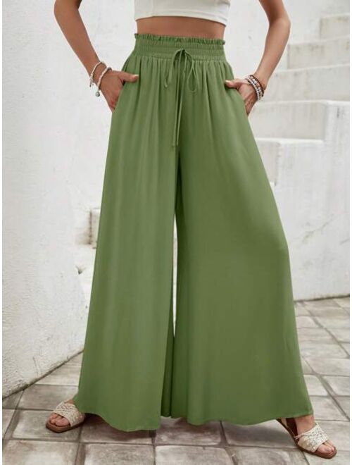 SHEIN LUNE Paperbag Waist Knot Front Wide Leg Pants