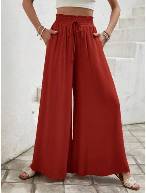 SHEIN LUNE Paperbag Waist Knot Front Wide Leg Pants