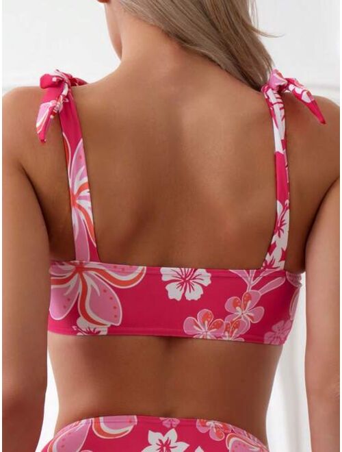 Shein Floral Print Tie Shoulder Bikini Swimsuit