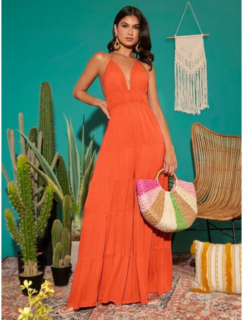 SHEIN VCAY Tassel Tie Backless Ruffle Hem Halter Jumpsuit