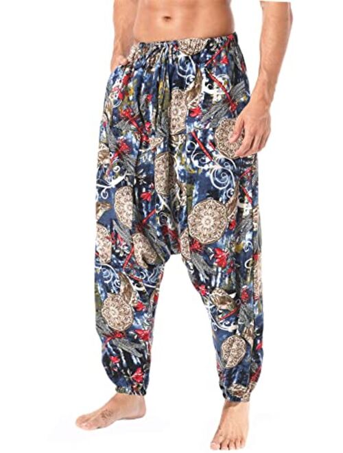 perdontoo Men's Casual Harem Pants Loose Boho Hippie Drop Crotch Cotton Trousers