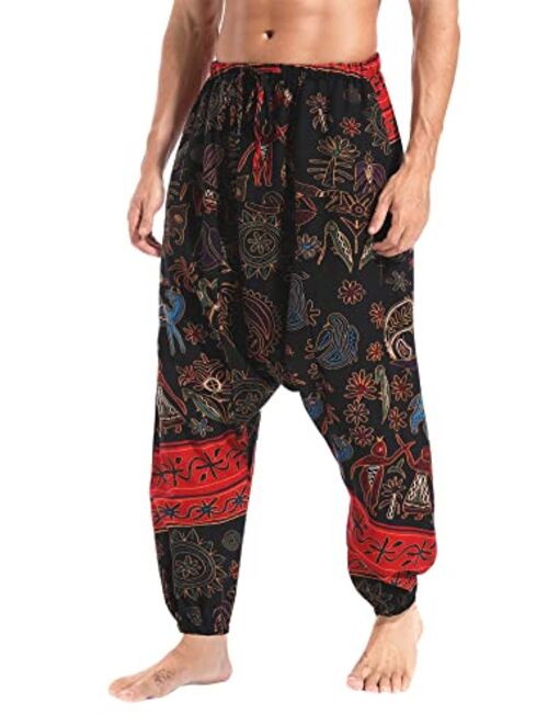 perdontoo Men's Casual Harem Pants Loose Boho Hippie Drop Crotch Cotton Trousers