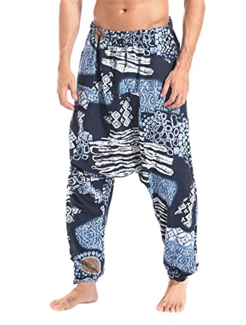 perdontoo Men's Casual Harem Pants Loose Boho Hippie Drop Crotch Cotton Trousers