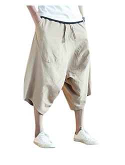 INVACHI Men's Linen Capri Pants Casual Drawstring Yoga Pants Baggy Harem Pants Wide Leg Beach Capris