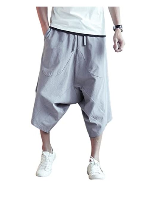 INVACHI Men's Linen Capri Pants Casual Drawstring Yoga Pants Baggy Harem Pants Wide Leg Beach Capris