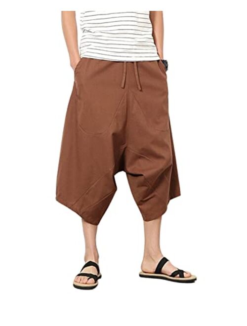 INVACHI Men's Linen Capri Pants Casual Drawstring Yoga Pants Baggy Harem Pants Wide Leg Beach Capris