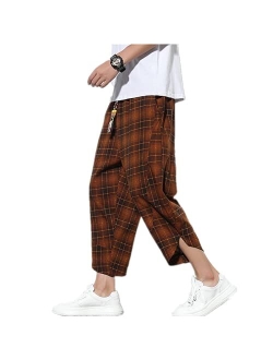 INVACHI Men's Linen Harem Capri Pants Lightweight Elastic Waist Casual Baggy Pants Beach Yoga Trousers