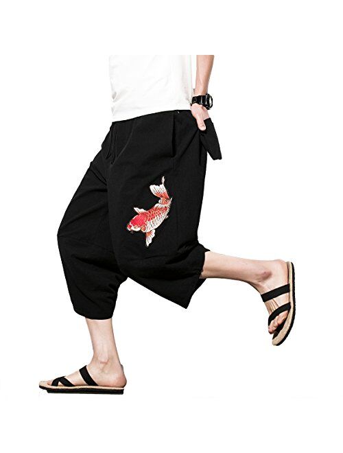 INVACHI Men's Linen Harem Capri Pants Lightweight Elastic Waist Casual Baggy Pants Beach Yoga Trousers