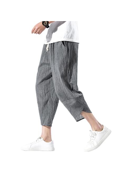 INVACHI Men's Linen Harem Capri Pants Lightweight Elastic Waist Casual Baggy Pants Beach Yoga Trousers