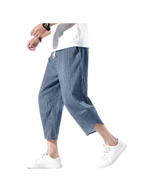 INVACHI Men's Linen Harem Capri Pants Lightweight Elastic Waist Casual Baggy Pants Beach Yoga Trousers