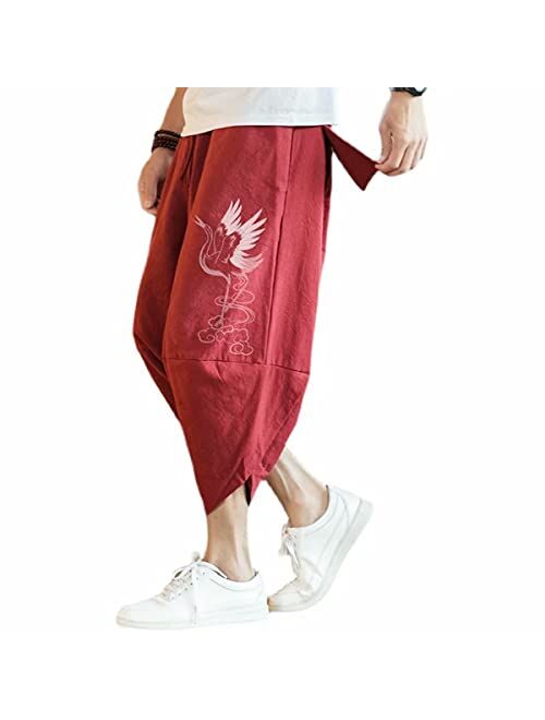 INVACHI Men's Linen Harem Capri Pants Lightweight Elastic Waist Casual Baggy Pants Beach Yoga Trousers