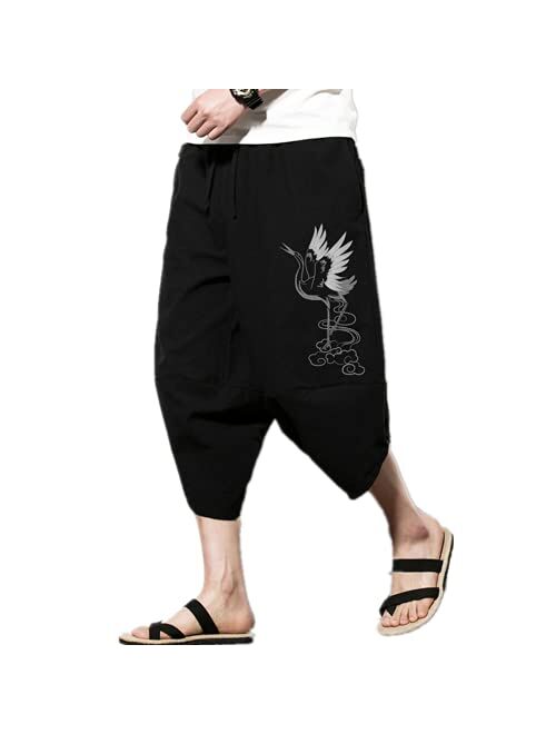 INVACHI Men's Linen Harem Capri Pants Lightweight Elastic Waist Casual Baggy Pants Beach Yoga Trousers