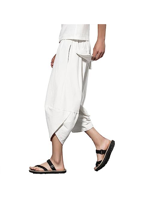 INVACHI Men's Linen Harem Capri Pants Lightweight Elastic Waist Casual Baggy Pants Beach Yoga Trousers