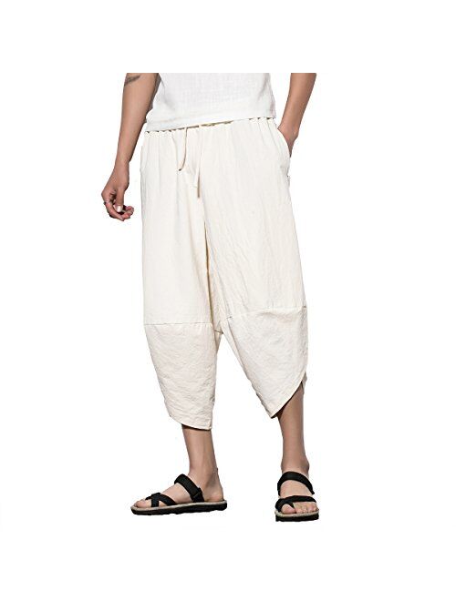 INVACHI Men's Linen Harem Capri Pants Lightweight Elastic Waist Casual Baggy Pants Beach Yoga Trousers