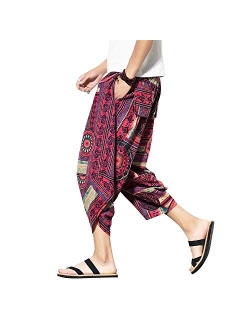 PRIJOUHE Men's Harem Capri Pants, Wide Leg Mens Capris, Summer Linen Pants