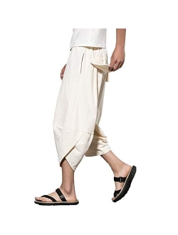 PRIJOUHE Men's Harem Capri Pants, Wide Leg Mens Capris, Summer Linen Pants