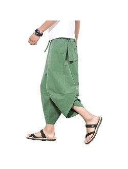 PRIJOUHE Men's Harem Capri Pants, Wide Leg Mens Capris, Summer Linen Pants