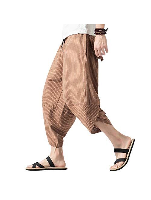 PRIJOUHE Men's Harem Capri Pants, Wide Leg Mens Capris, Summer Linen Pants