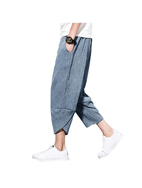 PRIJOUHE Men's Harem Capri Pants, Wide Leg Mens Capris, Summer Linen Pants