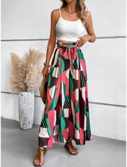 VCAY Cami Top & Geo Print Split Thigh Belted Wide Leg Pants