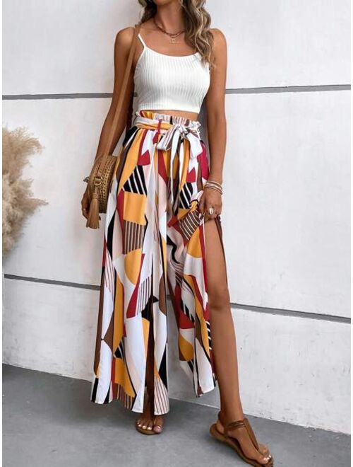 SHEIN VCAY Cami Top & Geo Print Split Thigh Belted Wide Leg Pants