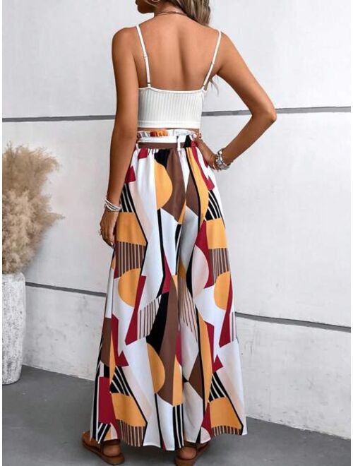 SHEIN VCAY Cami Top & Geo Print Split Thigh Belted Wide Leg Pants