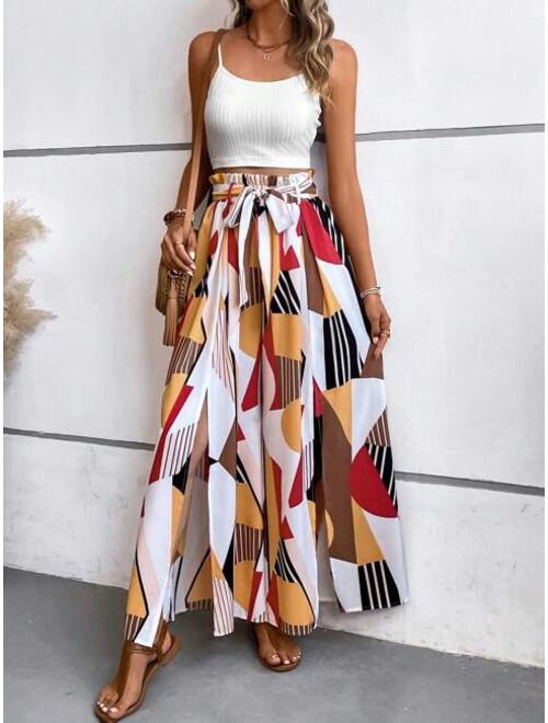 SHEIN VCAY Cami Top & Geo Print Split Thigh Belted Wide Leg Pants