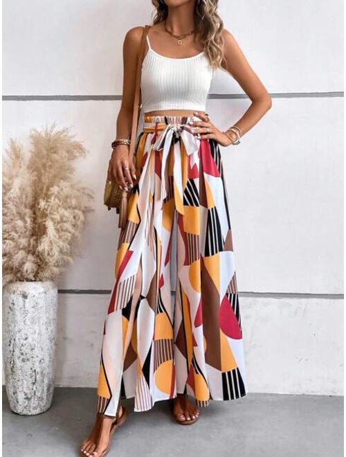 SHEIN VCAY Cami Top & Geo Print Split Thigh Belted Wide Leg Pants