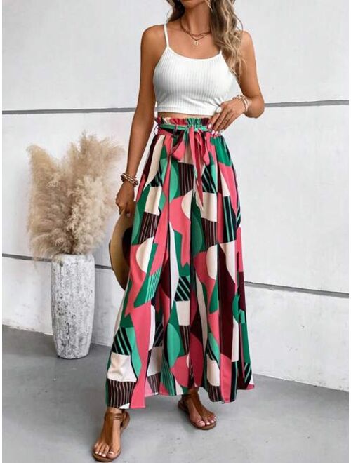 SHEIN VCAY Cami Top & Geo Print Split Thigh Belted Wide Leg Pants