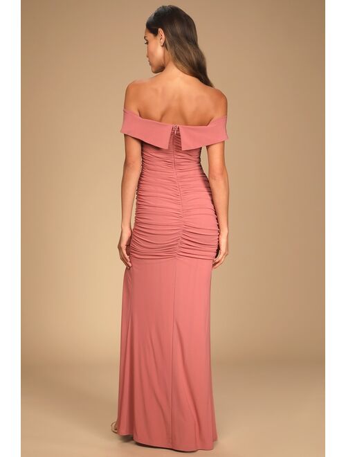 Lulus Revel in the Romance Dusty Rose Mesh Off-The-Shoulder Maxi Dress