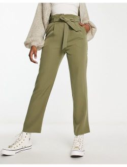 paperbag tie waist straight leg pants in khaki