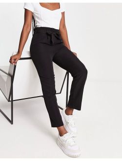 paperbag tie waist straight leg pants in black